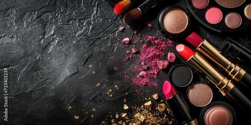 Make-up products and accessories on black background.