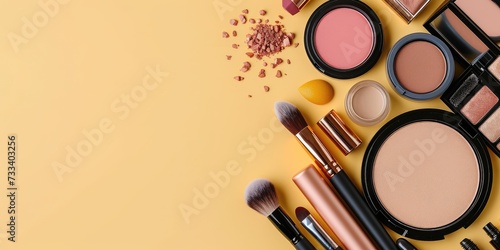 Make-up products and accessories on yellow background photo
