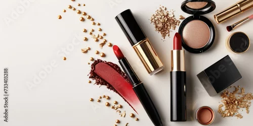 Obraz Make-up products and accessories on White background. Beauty, fashion and shopping blogger concept. Copy space banner