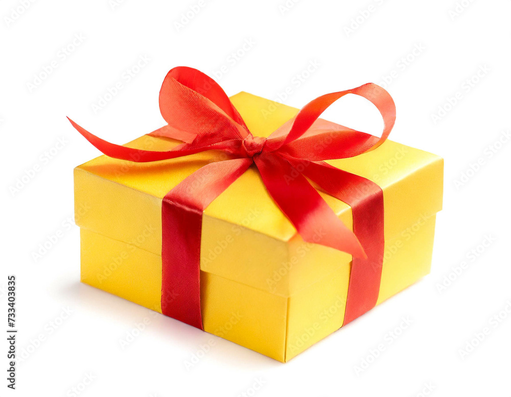 Gelbes Geschenk mit Roten Band isoliert auf weißen Hintergrund, Freisteller Gelbes Geschenk mit Roten Band isoliert auf weißen Hintergrund, Freisteller
