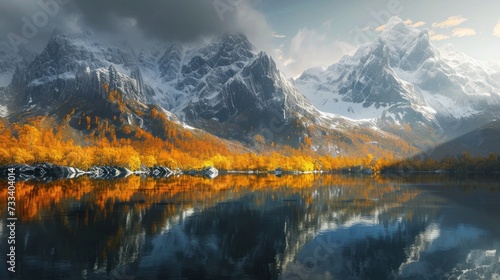  a painting of a mountain range with a lake in the foreground and trees in the foreground with yellow foliage in the foreground, and a cloudy sky in the background.