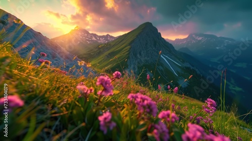  the sun is setting over the mountains with wildflowers in the foreground and pink flowers in the foreground  and green grass in the foreground with pink flowers in the foreground.