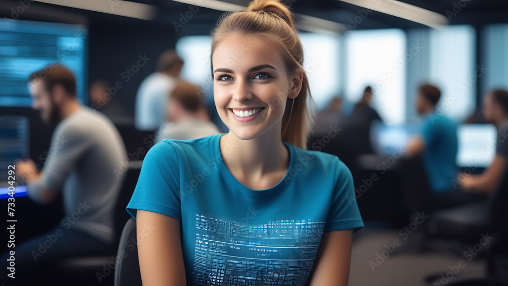 Happy girl with a pigtail smiles in the office against the background of other employees of the AI company
