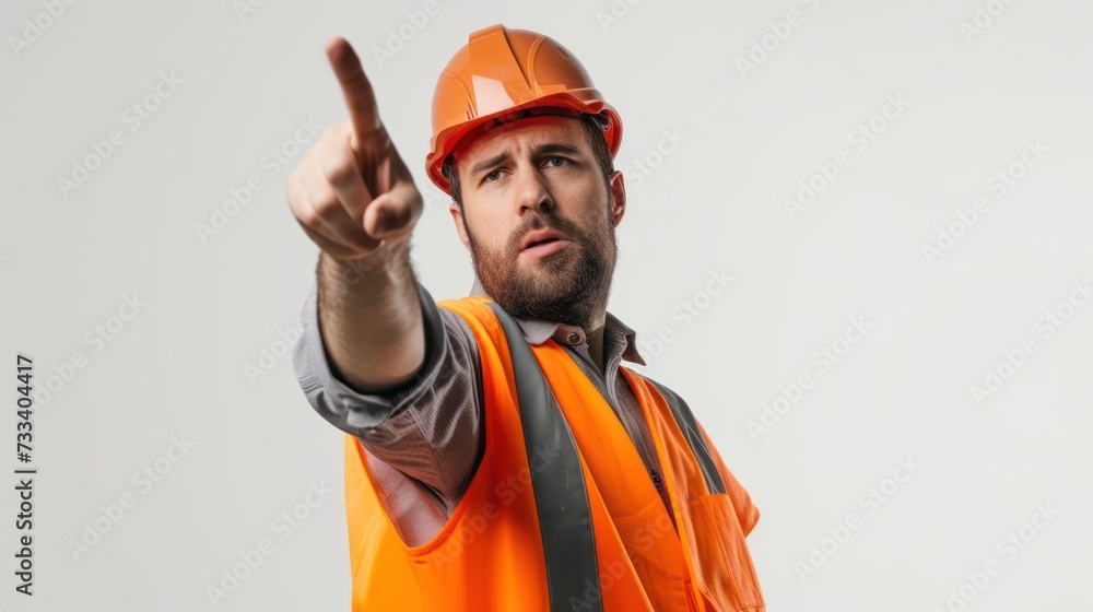 a 30-year-old construction worker points the finger isolated on a white background a 30-year-old construction worker points the finger isolated on a white background