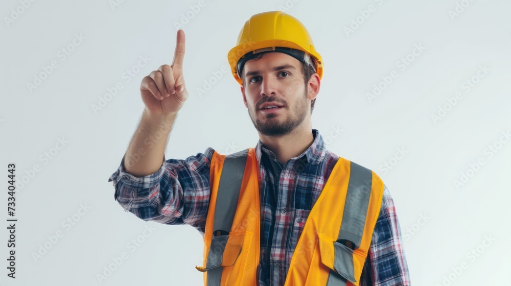a 30-year-old construction worker points the finger isolated on a white background