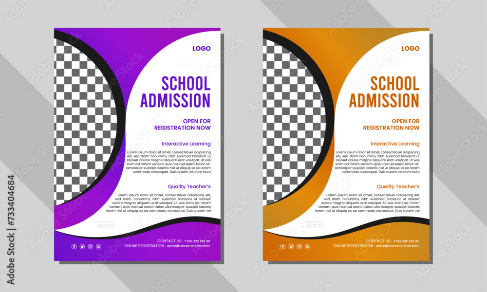 Creative leaflet template design for school admission 100% editable vactor file with two color version available purple & yello=orange.