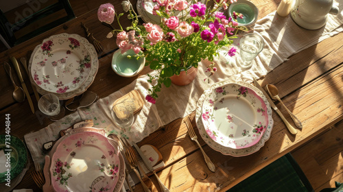  a table set for a formal dinner with pink flowers in a vase on top of a wooden table with a white table cloth and a green vase with pink flowers in the middle. photo