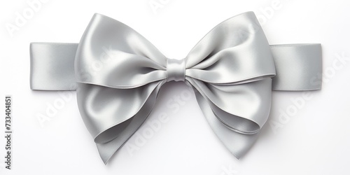 Silver silk bow with ribbon on a white background. Top view, postcard shot. Generative AI