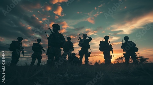 Silhouette of the group of soldiers with hidden faces with rifles posing for a photo  