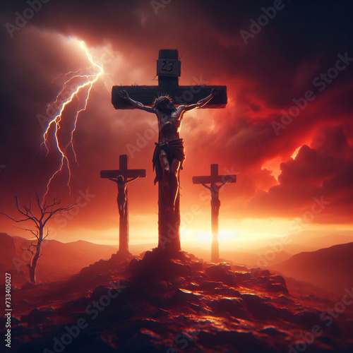 Jesus Christ dying on crucifix at Golgotha or Calvary, outside Jerusalem with atmospheric sky with lightening