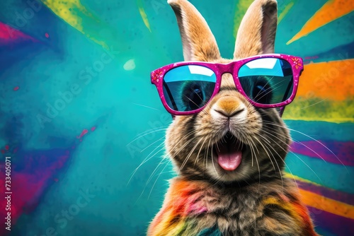 Cool Easter bunny with sunglasses in front of a colorful background.