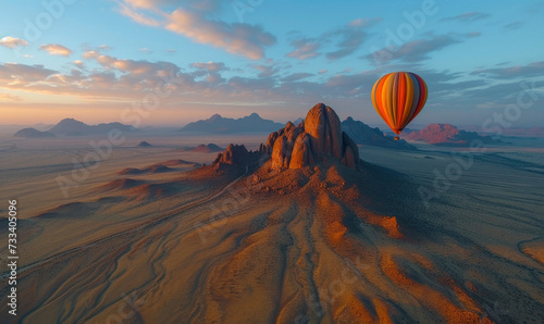 Colorful hot air ballon flying over the mountain landscape. High altitude. Early morning, High dark mountains. (Namibia)