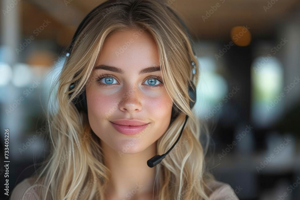 blond woman with headset working on a customer service looking in the camera. blond woman with headset working on a customer service looking in the camera.