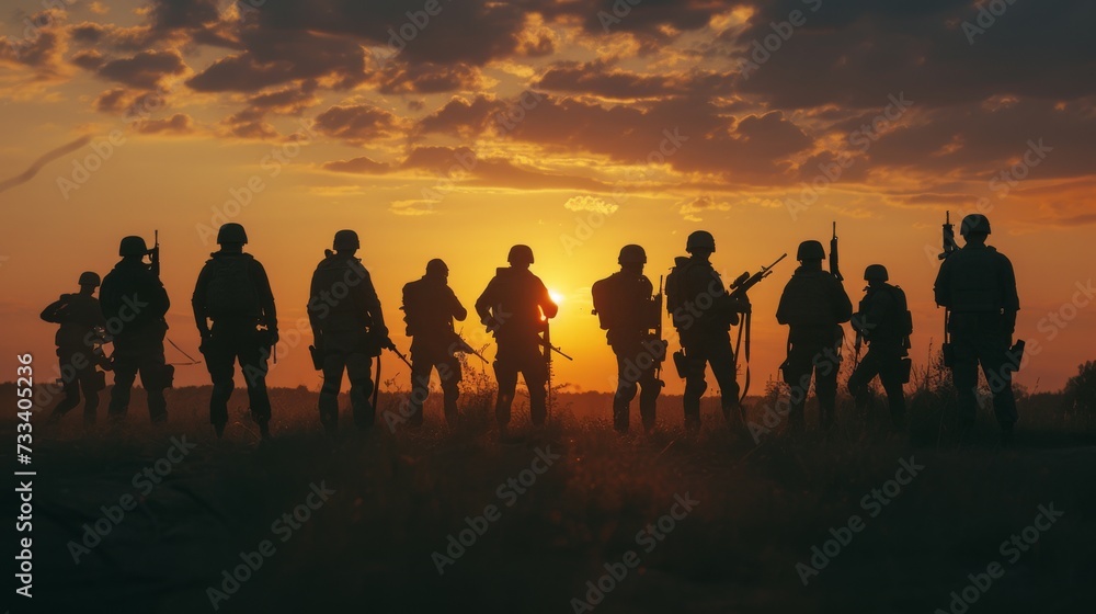 Silhouette of the group of soldiers with hidden faces with rifles posing for a photo, Silhouette of the group of soldiers with hidden faces with rifles posing for a photo,