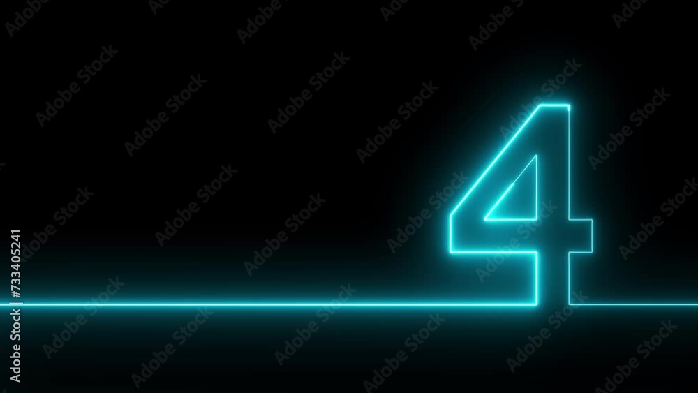 Neon digit 0 with alpha channel, number FOUR . Animation Neon light blue color Number 4. Neon Glowing Symbol on Black Background.