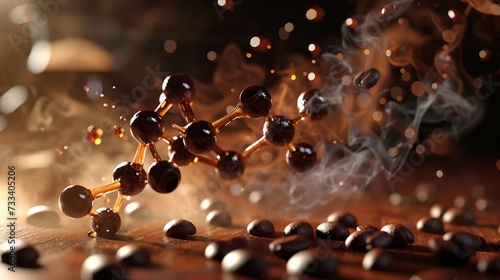 the caffeine molecule with its distinct nitrogen and carbon rings. with a backdrop of coffee beans to symbolize its common source and effect.
 photo