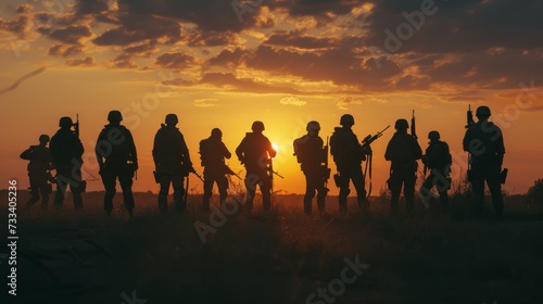Silhouette of the group of soldiers with hidden faces with rifles posing for a photo  