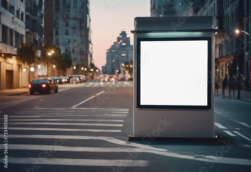 Vertical blank white billboard on city street In the background buildings and road Mock up Poster on