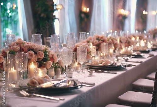 Wedding reception table setting with beautiful flowers sparkling glassware and dishes extra wide wit