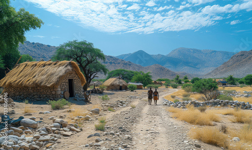 Himba village with traditional huts near Etosha National Park in Namibia photo