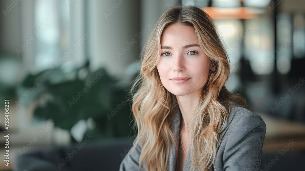 A confident young woman with blonde wavy hair wearing a gray blazer sits in a modern office environment, exuding professionalism and poise. A confident young woman with blonde wavy hair wearing a gray blazer sits in a modern office environment, exuding professionalism and poise.