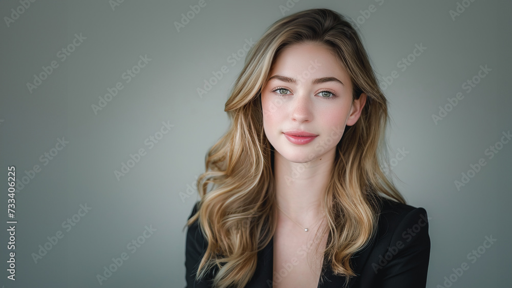 A young professional woman with blonde curly hair, wearing a stylish black blazer, exudes confidence and poise against a neutral background. A young professional woman with blonde curly hair, wearing a stylish black blazer, exudes confidence and poise against a neutral background.