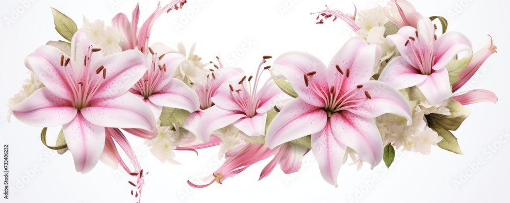 pink flowers and white lilies on white background