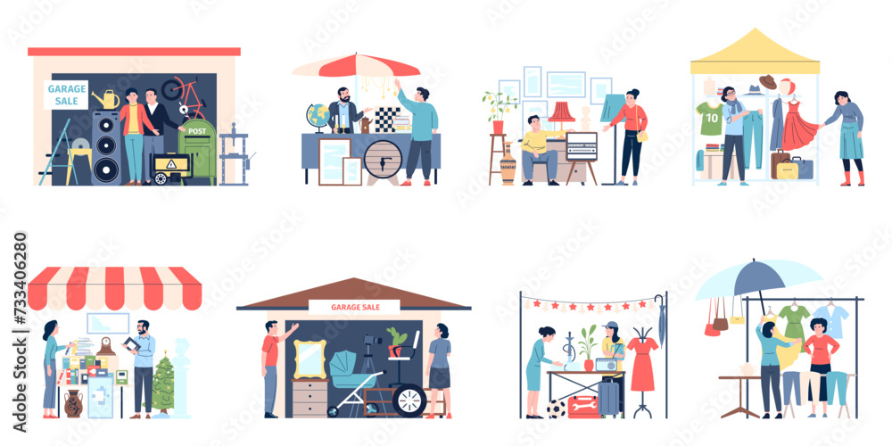 Garage sale. Outdoor flea market, sellers and customers. Second hand goods, people sell used furniture, clothes and tools, recent vector scenes