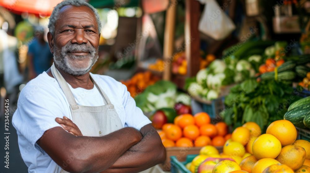 Fototapeta premium portrait of a cheerful, bearded elderly man with white hair and a mustache, standing with his arms crossed in front of a market stall filled with fresh fruits and vegetables