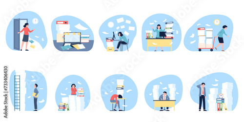 Chaotic office characters. Paper piles and folders stacks. Tired managers and businessmen. People work with documents, recent vector scenes