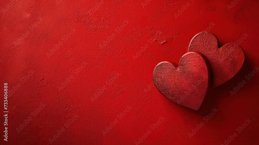  a red wall with two wooden hearts hanging on it's side and a red wall with a red wall in the background and a red wall with two wooden hearts hanging on it's side.