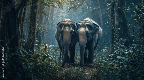  two elephants standing in the middle of a forest with trees and leaves on the ground and one elephant has its back turned to the camera  and the other is facing away from the camera.