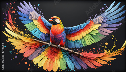 Very colorful and detailed illustration of a decorated bird spreading its wings while flying © Christoph Burgstedt