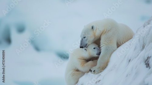  a mother polar bear cuddles with her cub on a snow covered rock face to face with a larger polar bear on the other side of a snowy mountain.