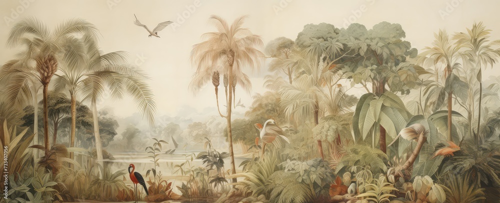 Watercolor pattern wallpaper. Painting of a jungle landscape with birds. - obrazy, fototapety, plakaty 