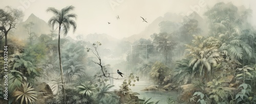Watercolor pattern wallpaper. Painting of a jungle landscape with birds.
