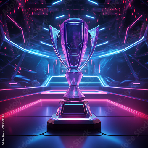 Esports neon cyberpunk winner trophy, gaming, champion cup award, winning trophy image design concept  photo