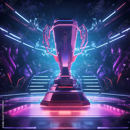 Esports neon cyberpunk winner trophy, gaming, champion cup award, winning trophy image design concept  photo