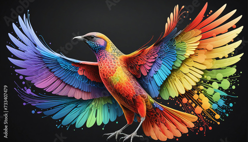 Very colorful and detailed illustration of a decorated bird spreading its wings while flying