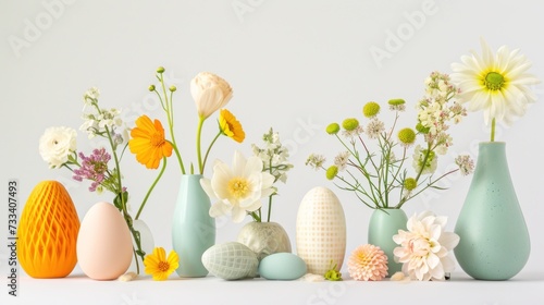  a group of vases with flowers in them sitting next to each other in front of a white wall with a white wall behind them and a white wall in the background.