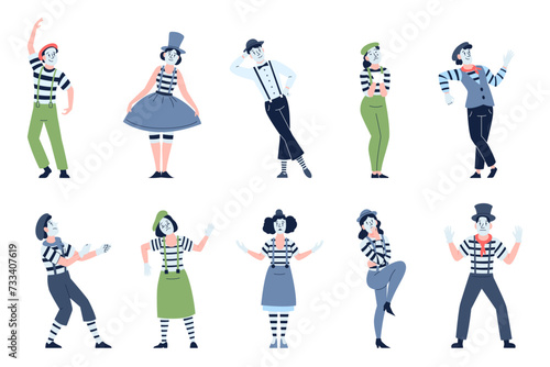 Mimes characters. French street theater artists. Performance and pantomime comedian actors. Mime with facial mask, isolated recent vector flat set