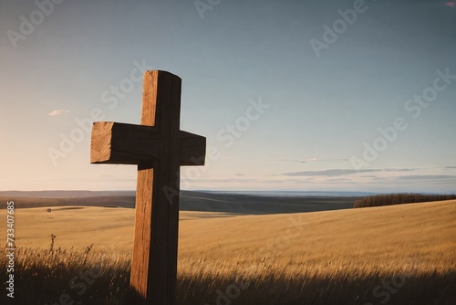 Christian cross on the hill. Illustration for Easter.