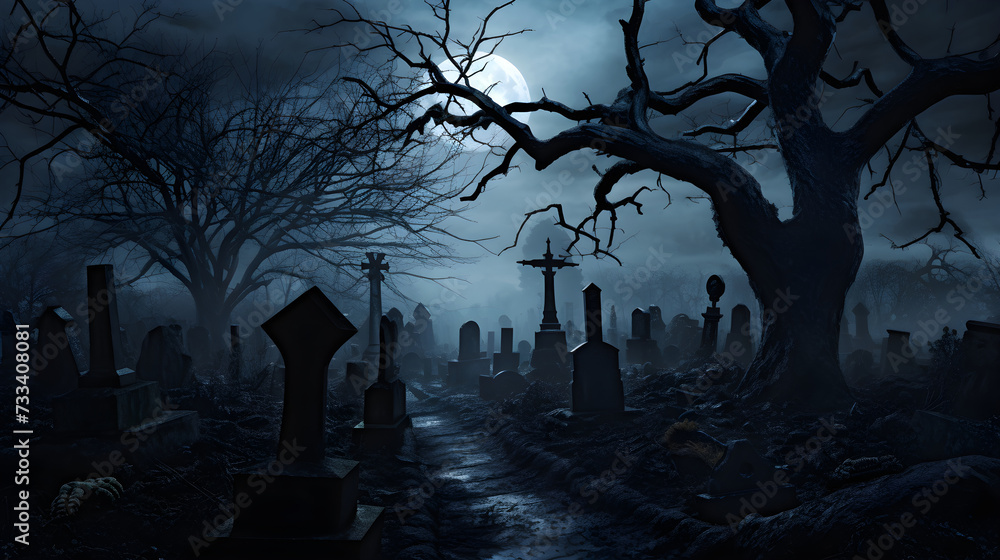 The Forgotten Necropolis: A Bewitching Graveyard Bathed in Ephemeral Moonlight