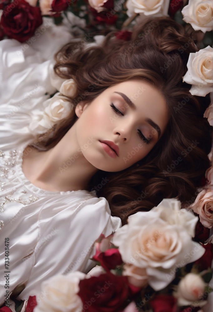 Obraz premium Close up portrait of an attractive young woman with Flowers, Beautiful Model Woman Face, Women's Day Concept.