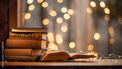 Open book on wooden table in front of bokeh lights background