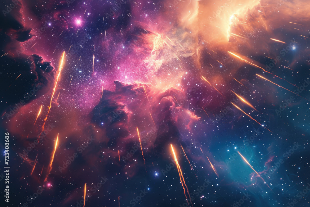 stunning scene of a meteor shower against the backdrop of a colorful nebula