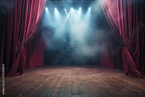 Empty theater stage with thick red curtains and spotlights.