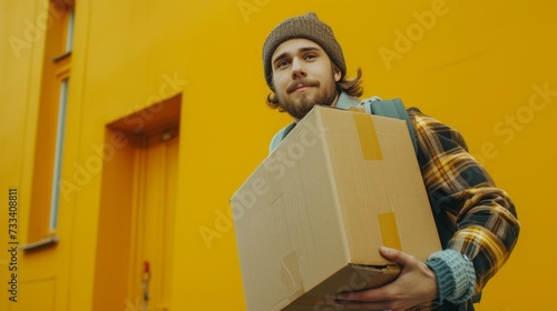 A young guy, a loader, is carrying a large cardboard box in his hands. He loo...