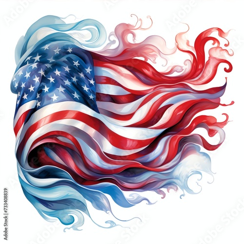 american flag, whimsical design, bright colors, bowing in wind, pretty, clip art, no background