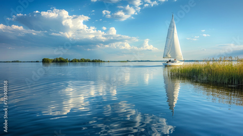 A tranquil scene of a sailboat drifting lazily on a calm lake, epitomizing re...